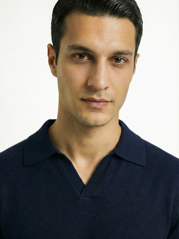 KNITTED POLO JUMPER WITH V-NECK | NAVY
