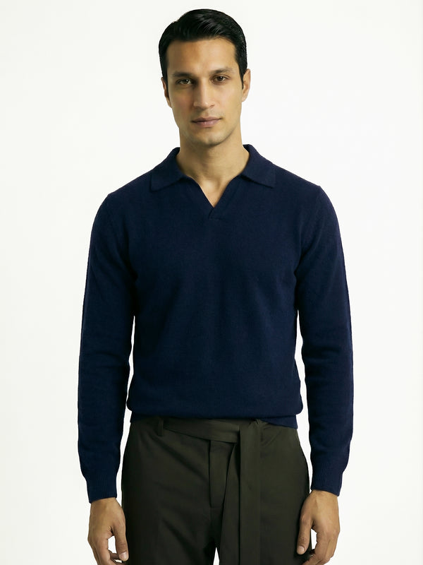 KNITTED POLO JUMPER WITH V-NECK | NAVY