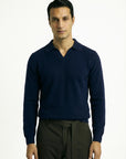 KNITTED POLO JUMPER WITH V-NECK | NAVY
