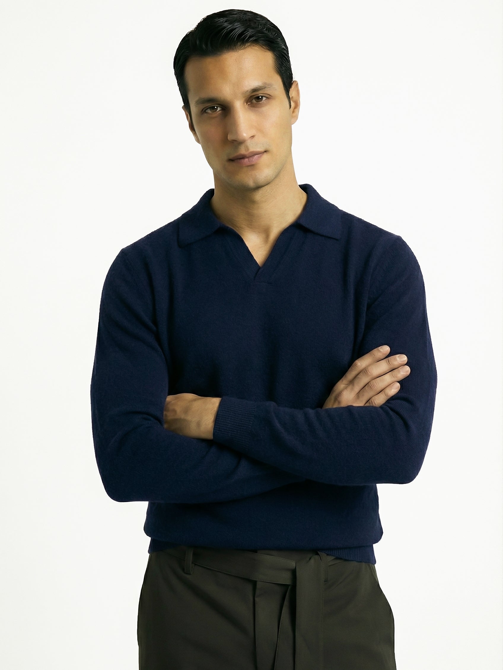 KNITTED POLO JUMPER WITH V-NECK | NAVY