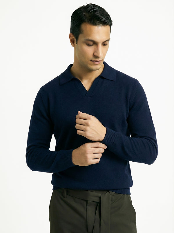 KNITTED POLO JUMPER WITH V-NECK | NAVY