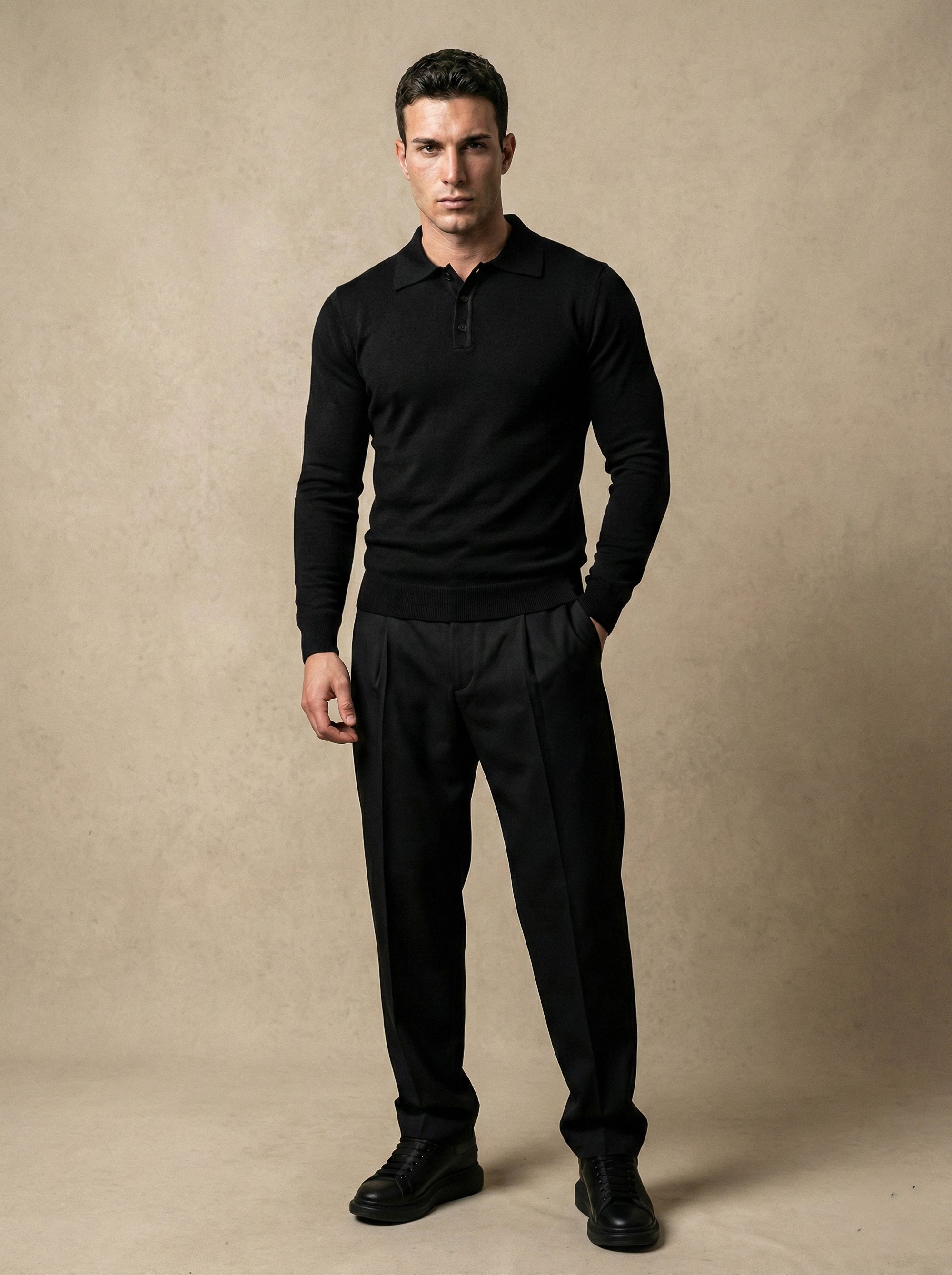 LONG SLEEVE KNITTED POLO | BLACK
