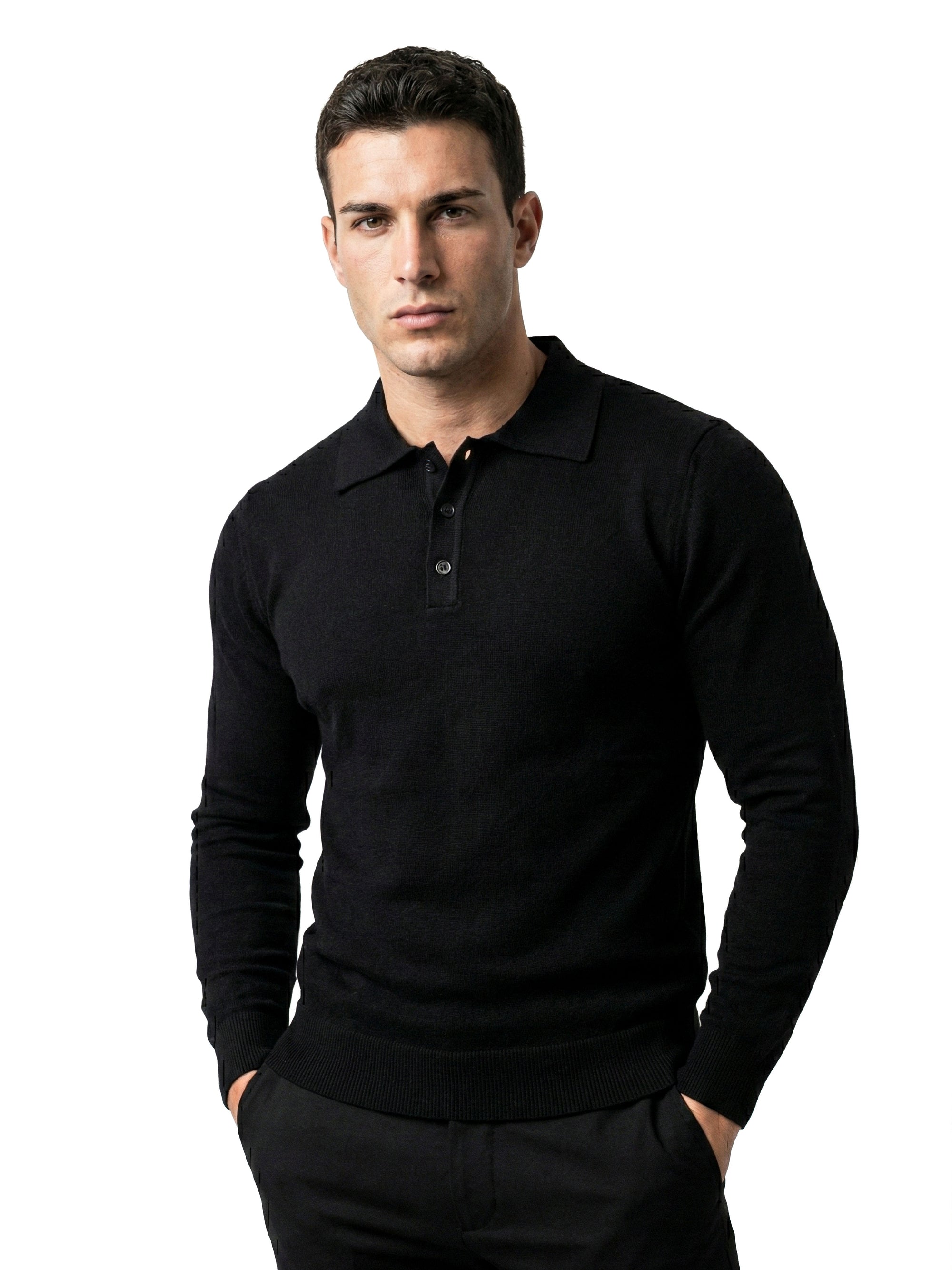 LONG SLEEVE KNITTED POLO | BLACK