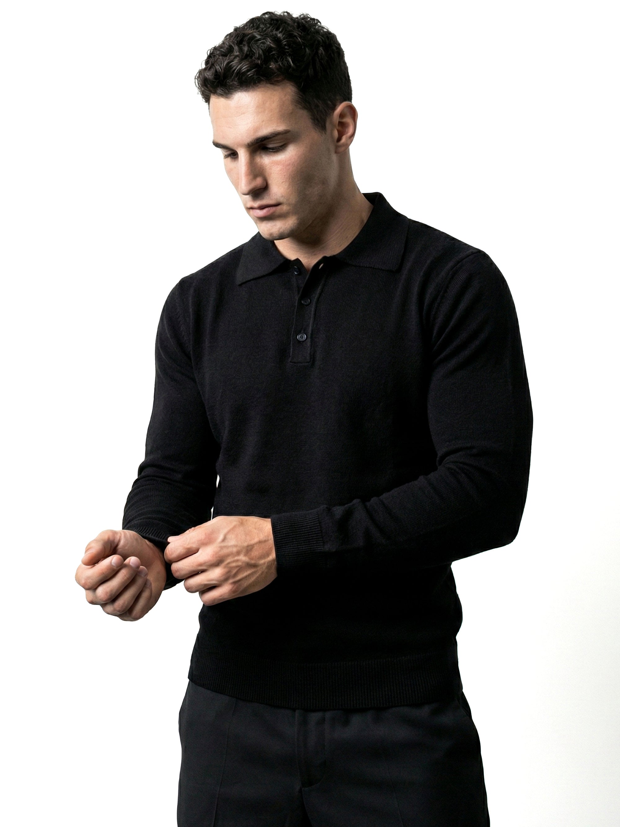 LONG SLEEVE KNITTED POLO | BLACK