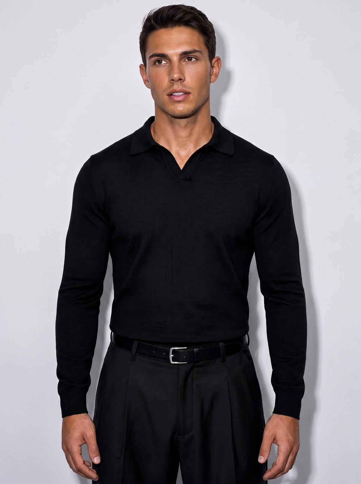 KNITTED POLO JUMPER WITH V-NECK | BLACK