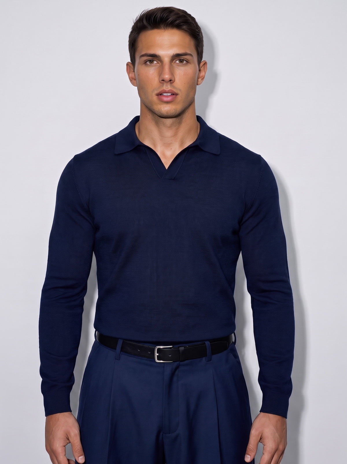 KNITTED POLO JUMPER WITH V-NECK | NAVY