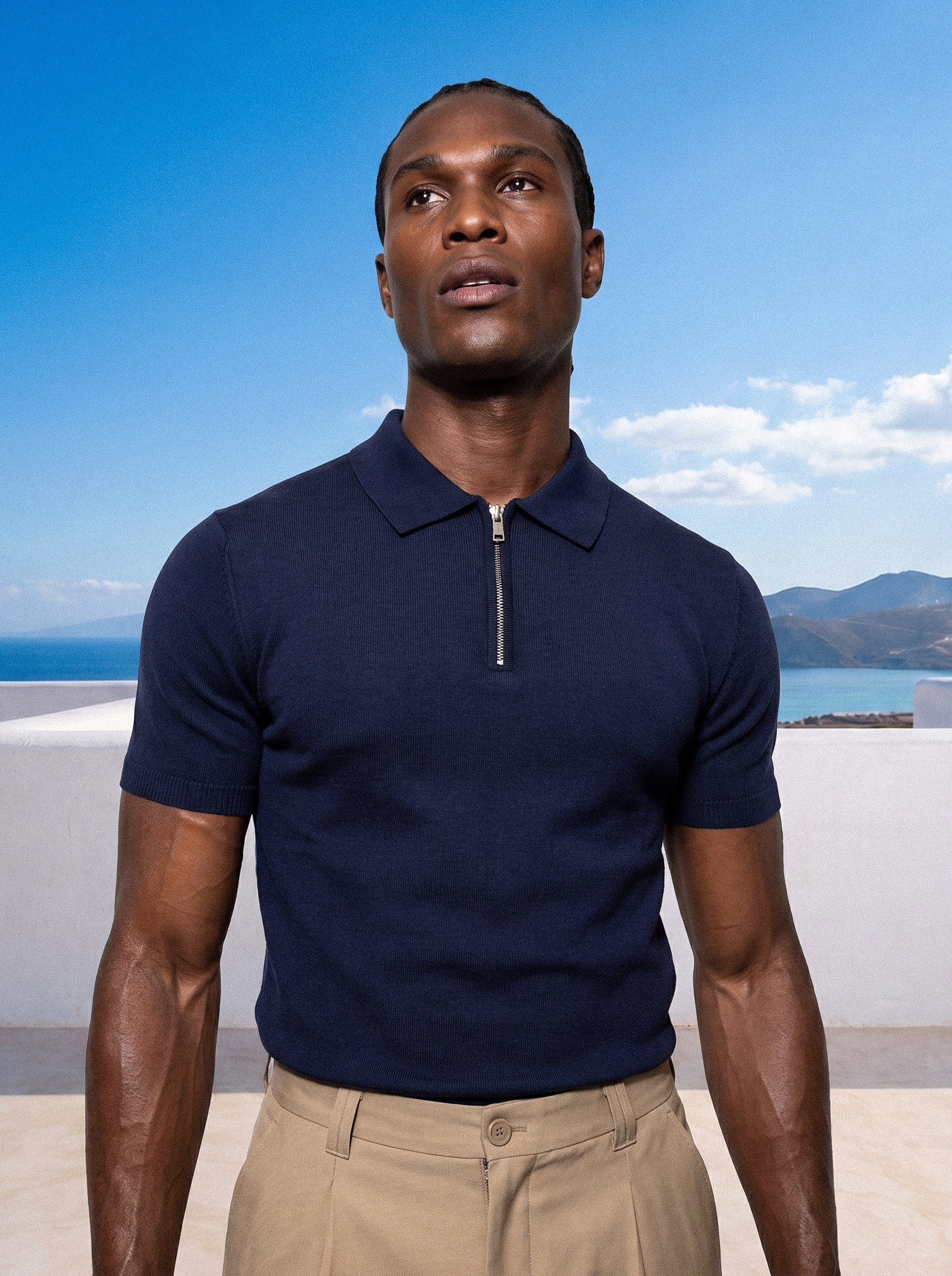 Man in navy knit polo, front view, Morengar menswear