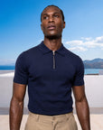 Man in navy knit polo, front view, Morengar menswear