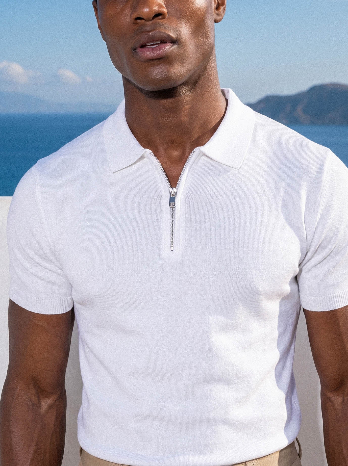 Morengar half-zip knit polo for men in white — front detail