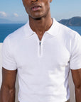 Morengar half-zip knit polo for men in white — front detail