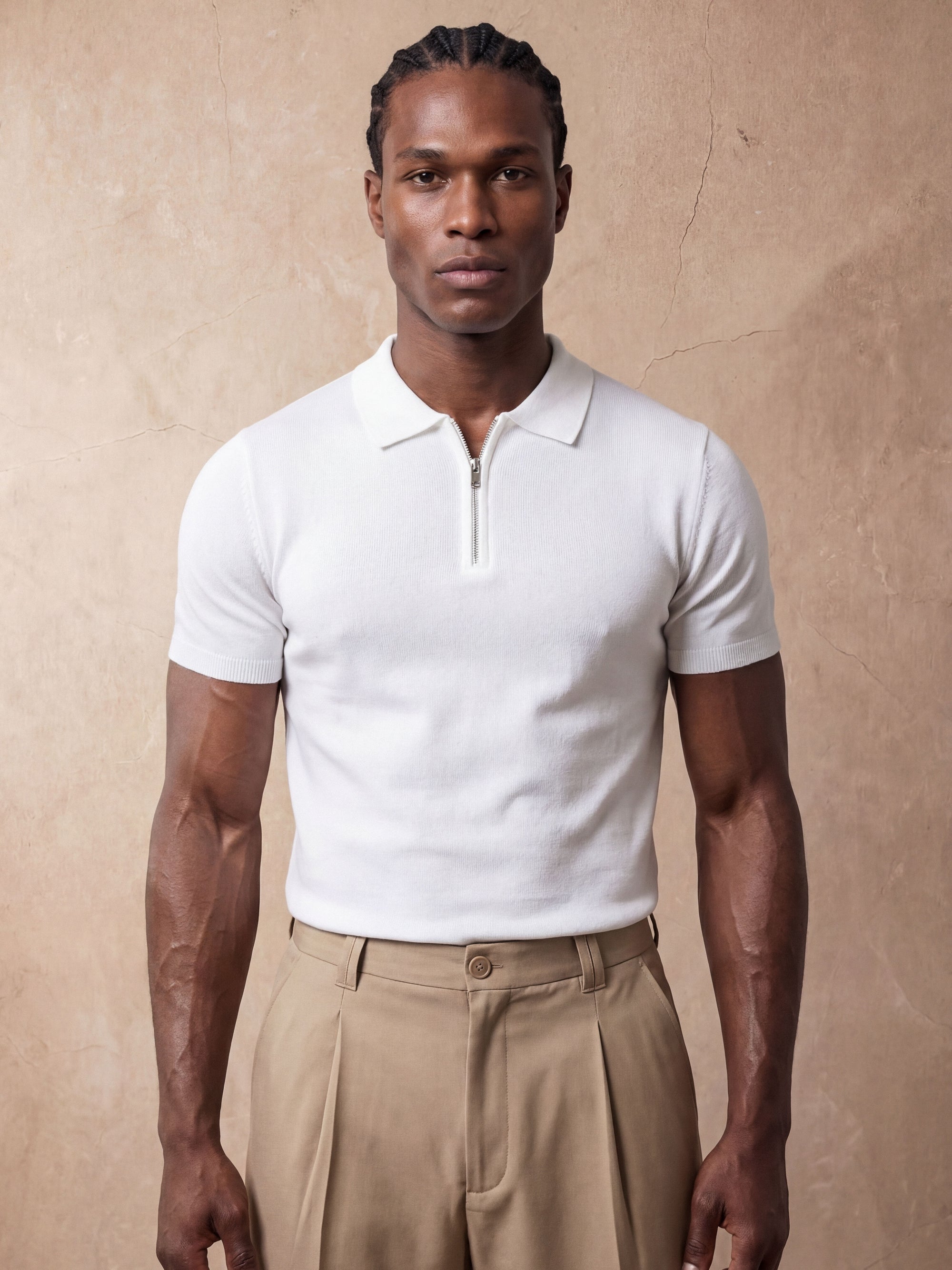 Morengar white knit polo, tailored fit side view