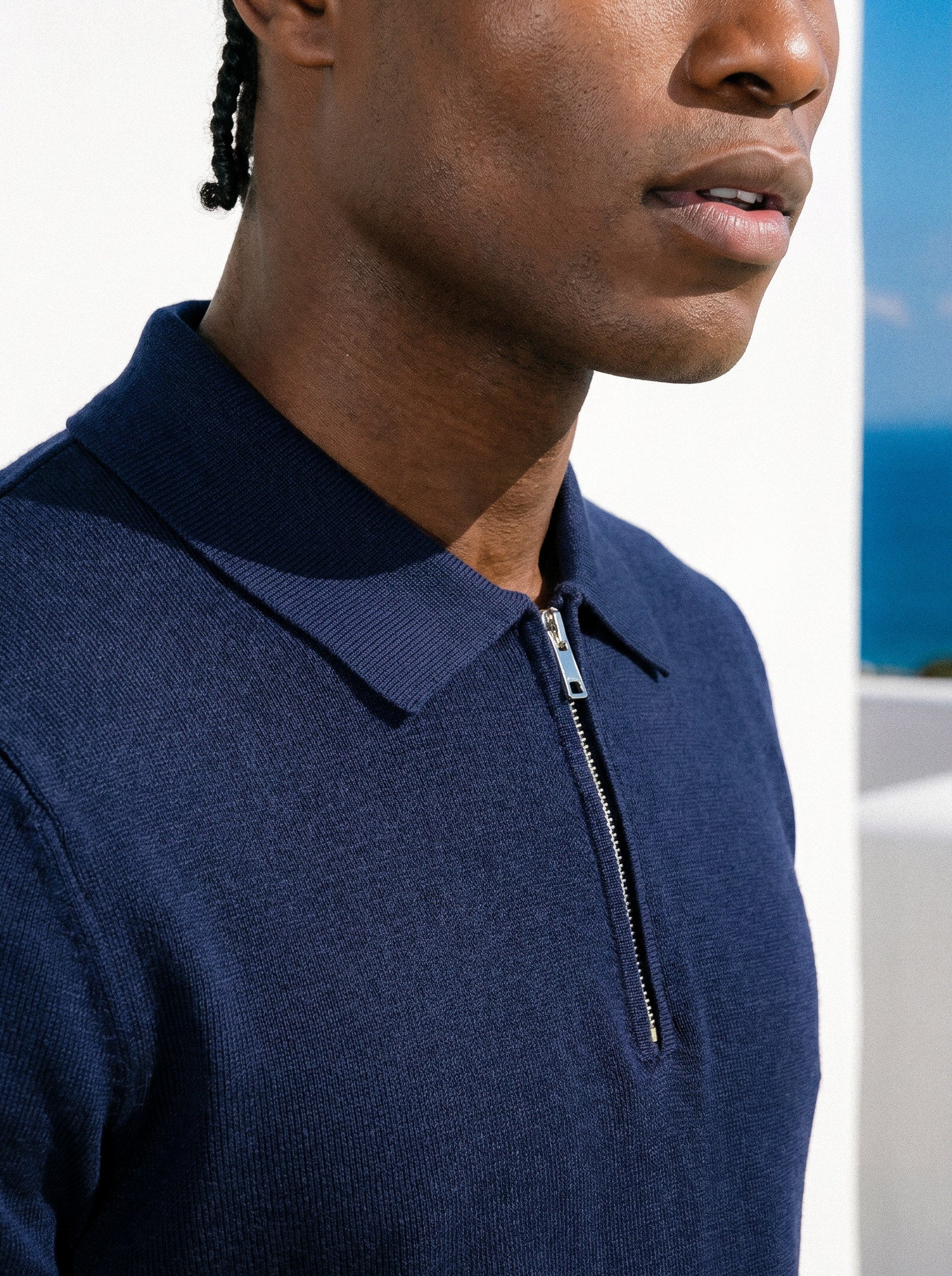 Navy knit polo for men, Morengar — front detail