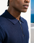 Navy knit polo for men, Morengar — front detail