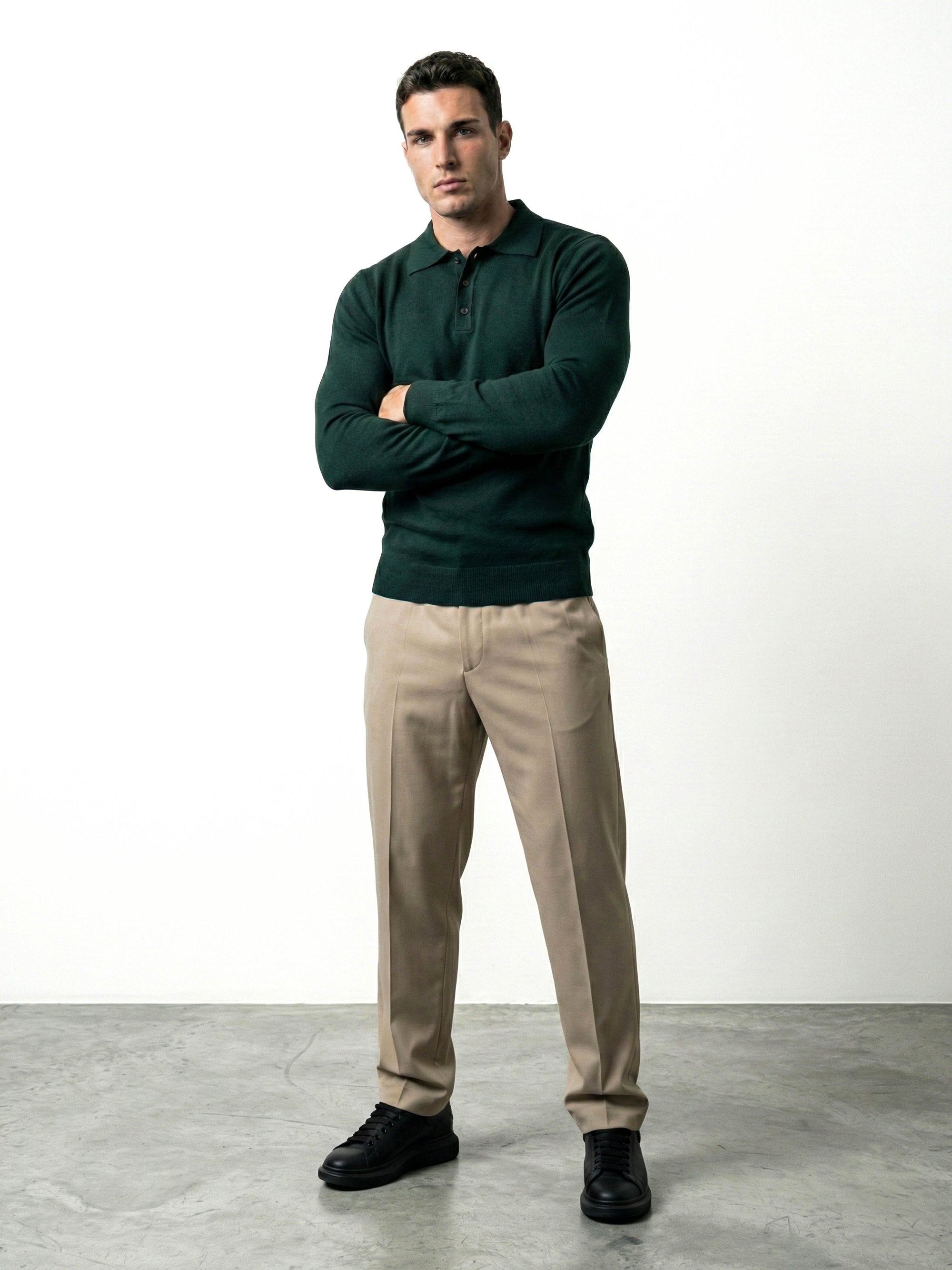 LONG SLEEVE KNITTED POLO | BOTTLE GREEN