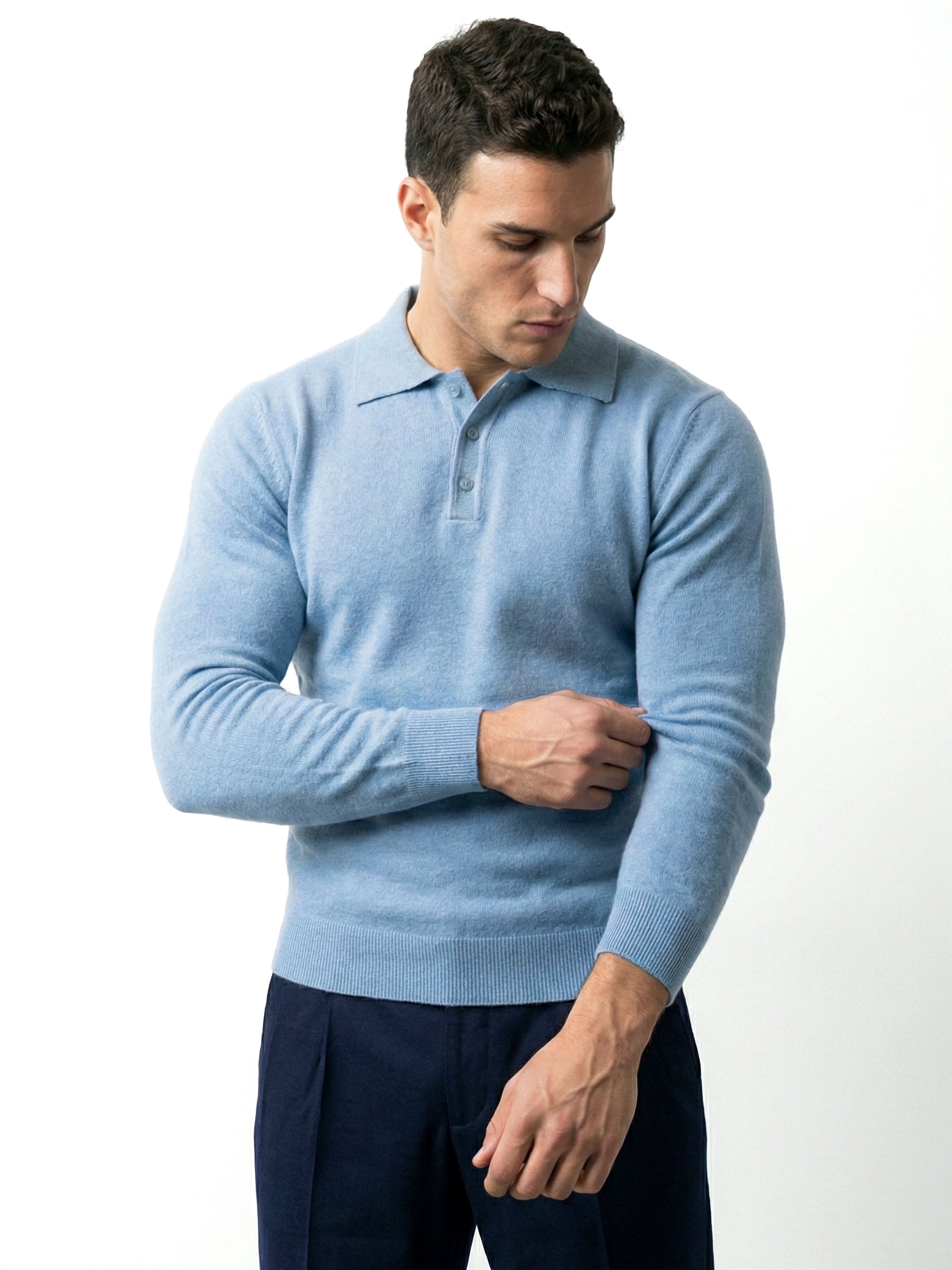 LONG SLEEVE KNITTED POLO | PASTEL BLUE