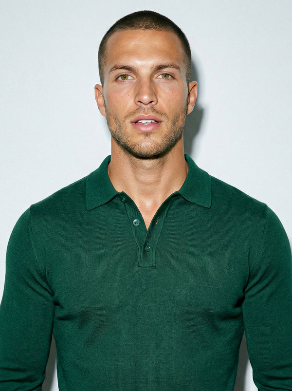 LONG SLEEVE KNITTED POLO | BOTTLE GREEN