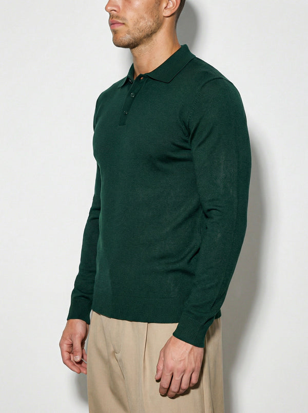 LONG SLEEVE KNITTED POLO | BOTTLE GREEN