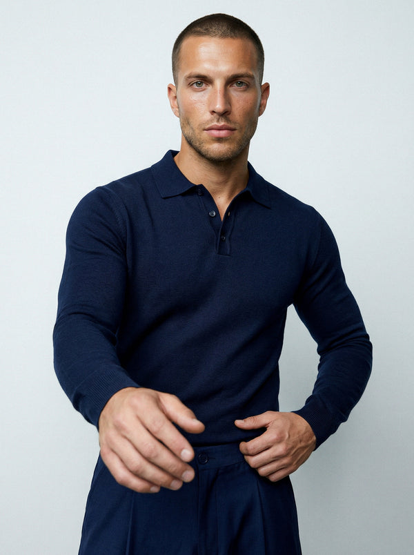 LONG SLEEVE KNITTED POLO | NAVY