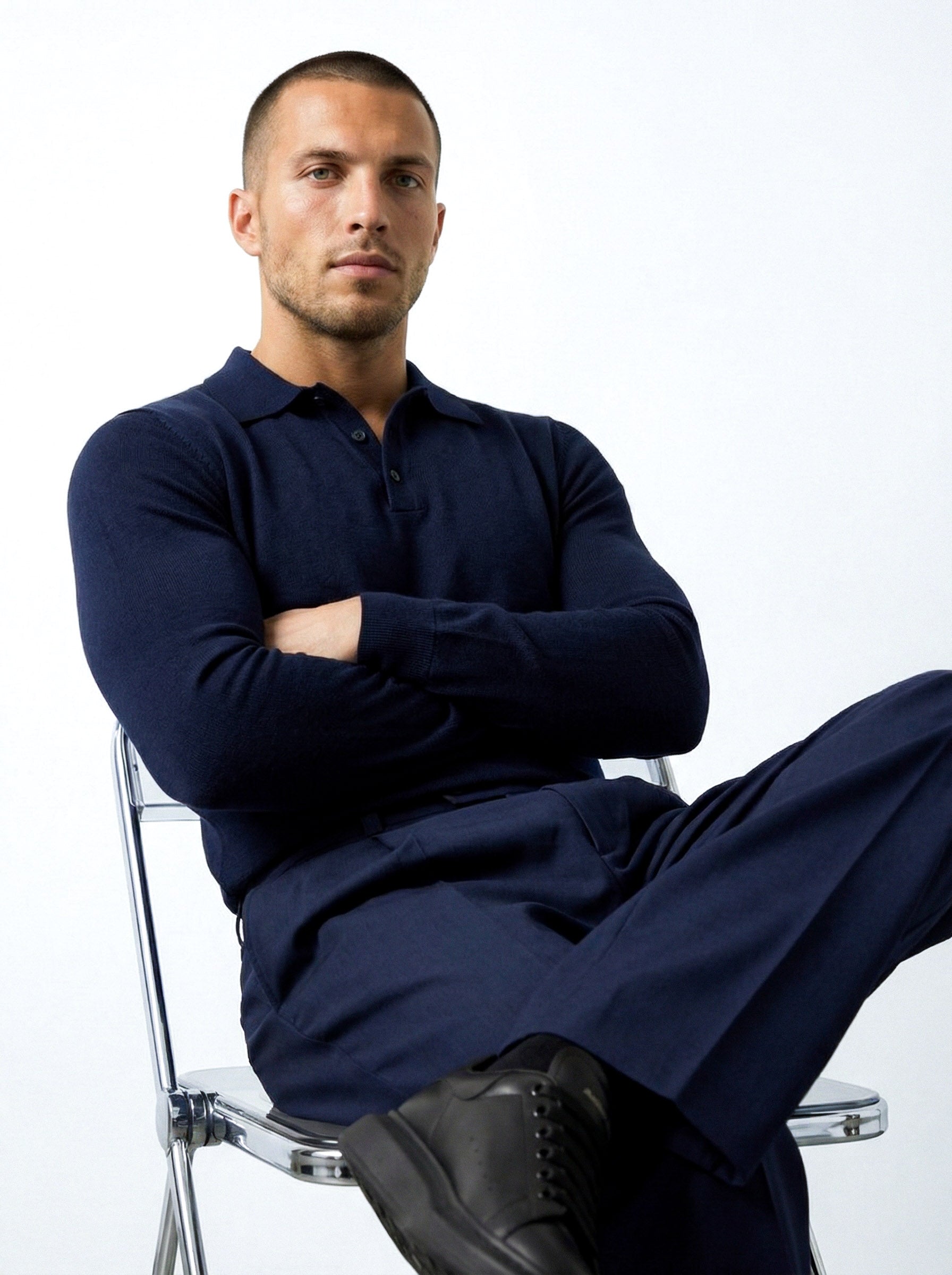 LONG SLEEVE KNITTED POLO | NAVY