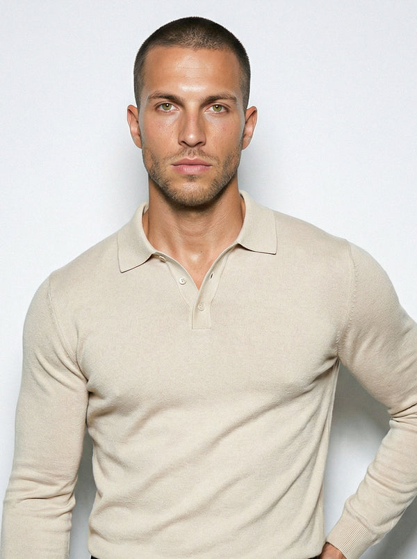 LONG SLEEVE KNITTED POLO | BEIGE