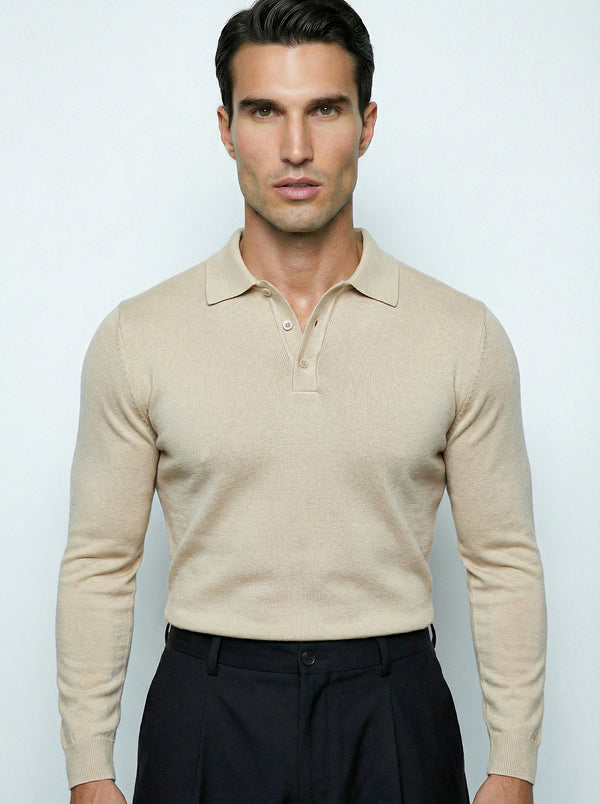 LONG SLEEVE KNITTED POLO | BEIGE