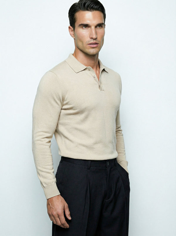 LONG SLEEVE KNITTED POLO | BEIGE