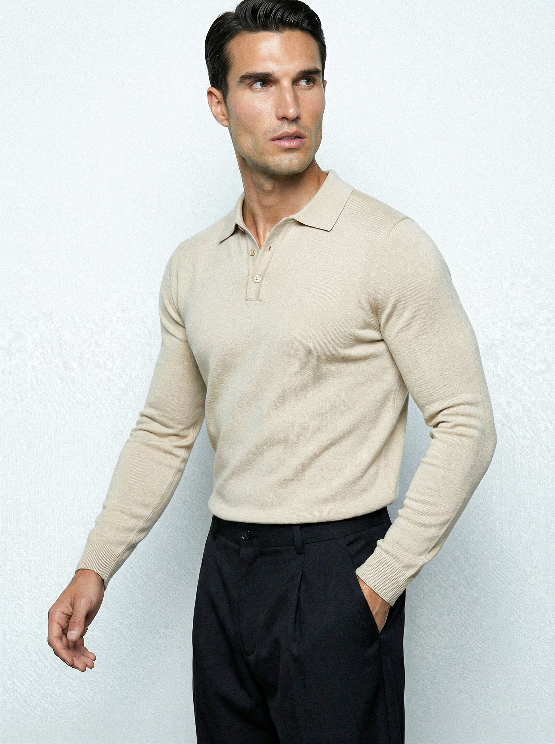 LONG SLEEVE KNITTED POLO | BEIGE