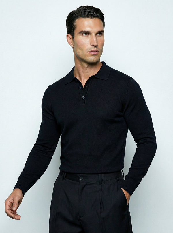 LONG SLEEVE KNITTED POLO | BLACK