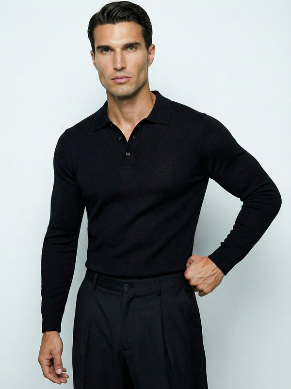 LONG SLEEVE KNITTED POLO | BLACK