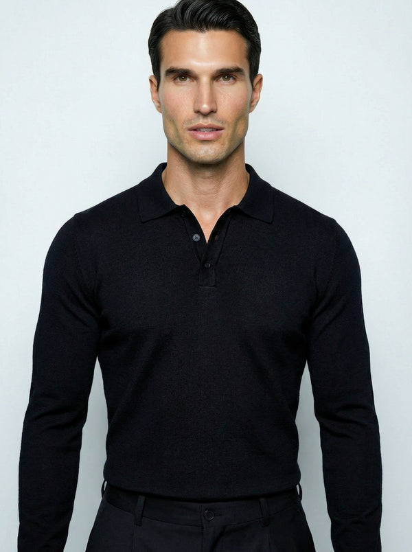 LONG SLEEVE KNITTED POLO | BLACK