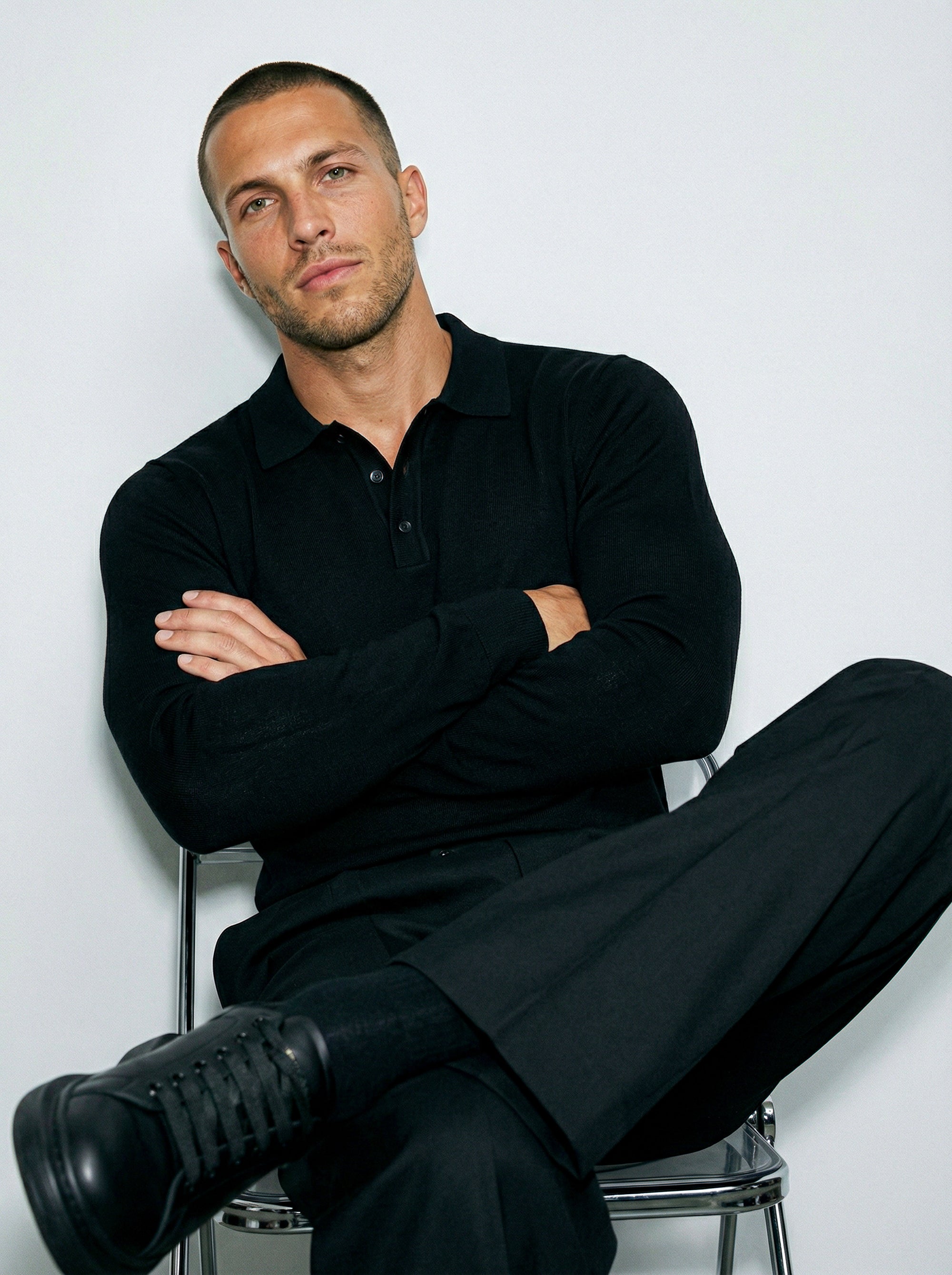 LONG SLEEVE KNITTED POLO | BLACK