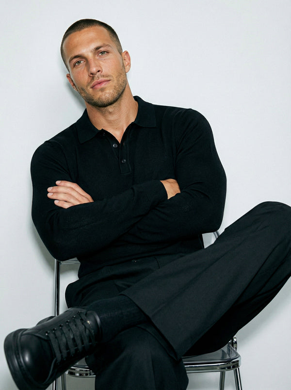 LONG SLEEVE KNITTED POLO | BLACK
