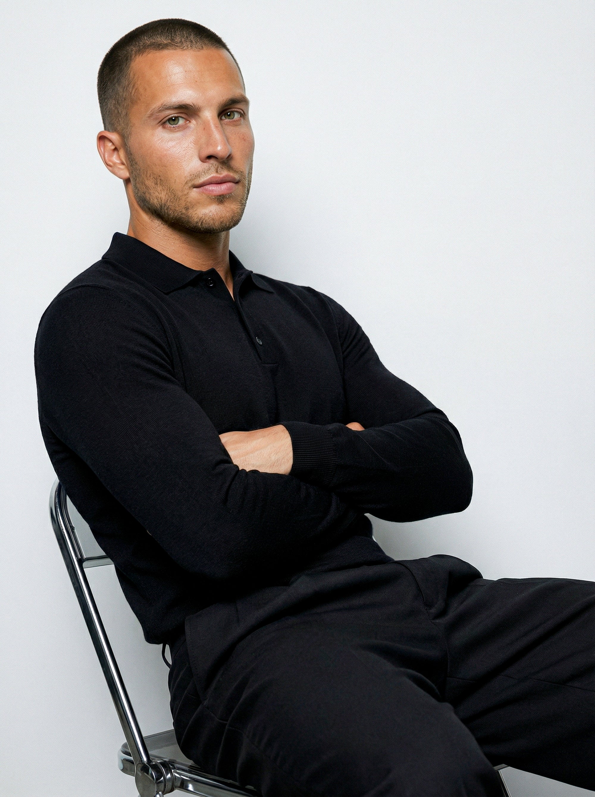 LONG SLEEVE KNITTED POLO | BLACK