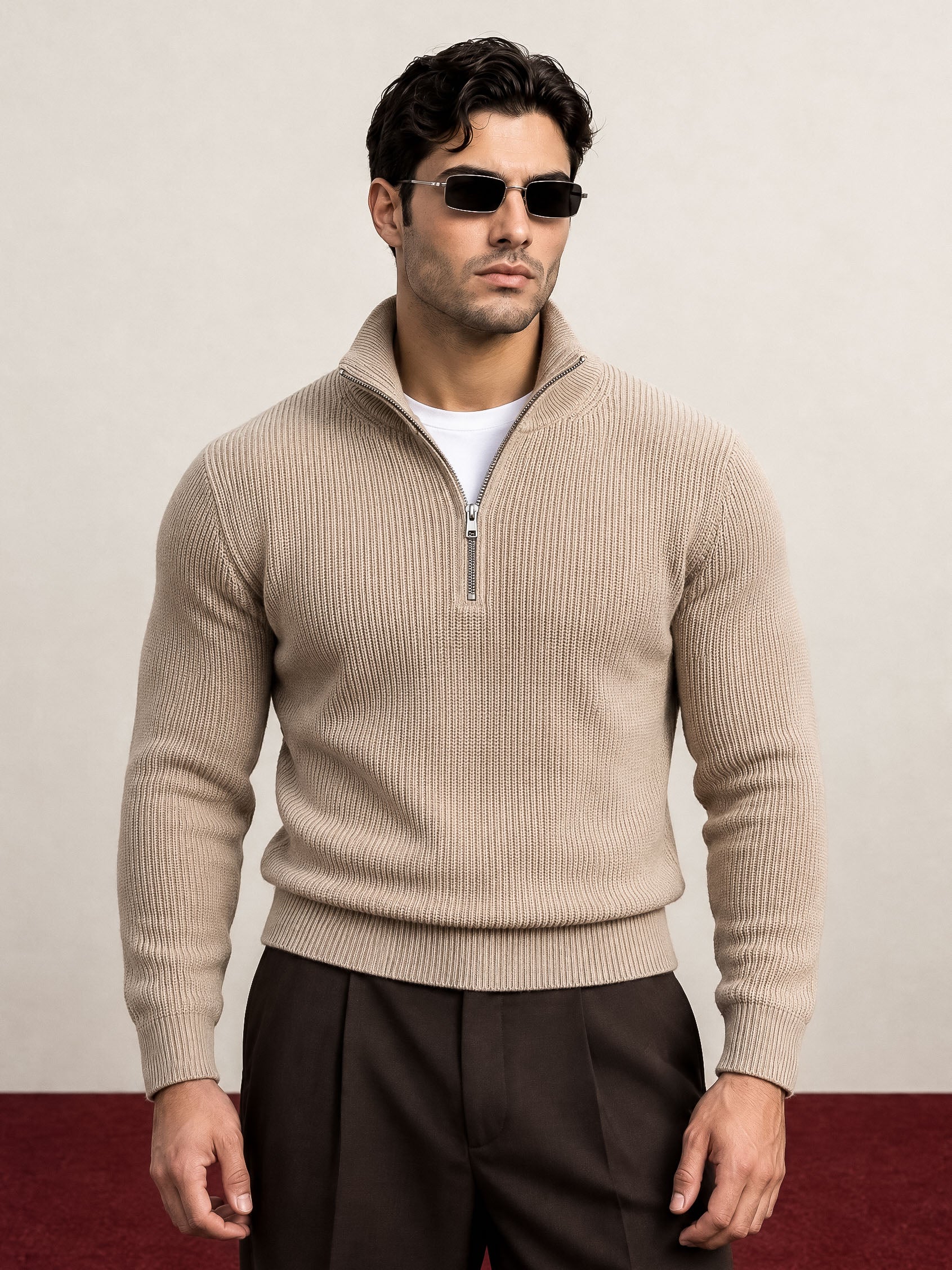 JERSEY PUNTO CANALÉ CUELLO CREMALLERA | BEIGE