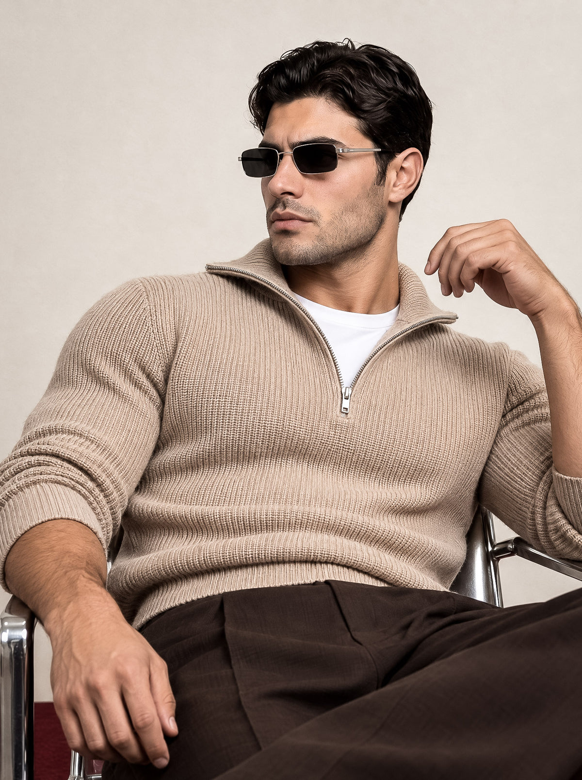 JERSEY PUNTO CANALÉ CUELLO CREMALLERA | BEIGE