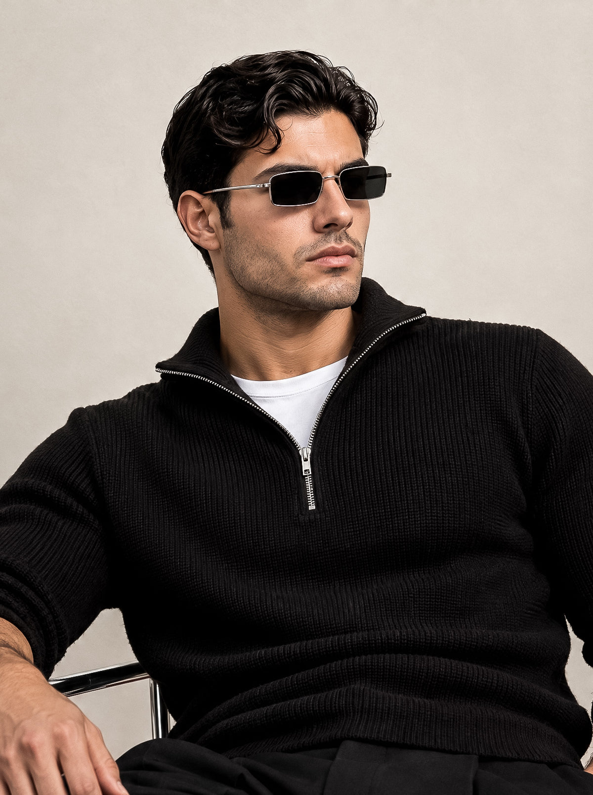 RIBBED KNIT ZIP COLLAR SWEATER | BLACK