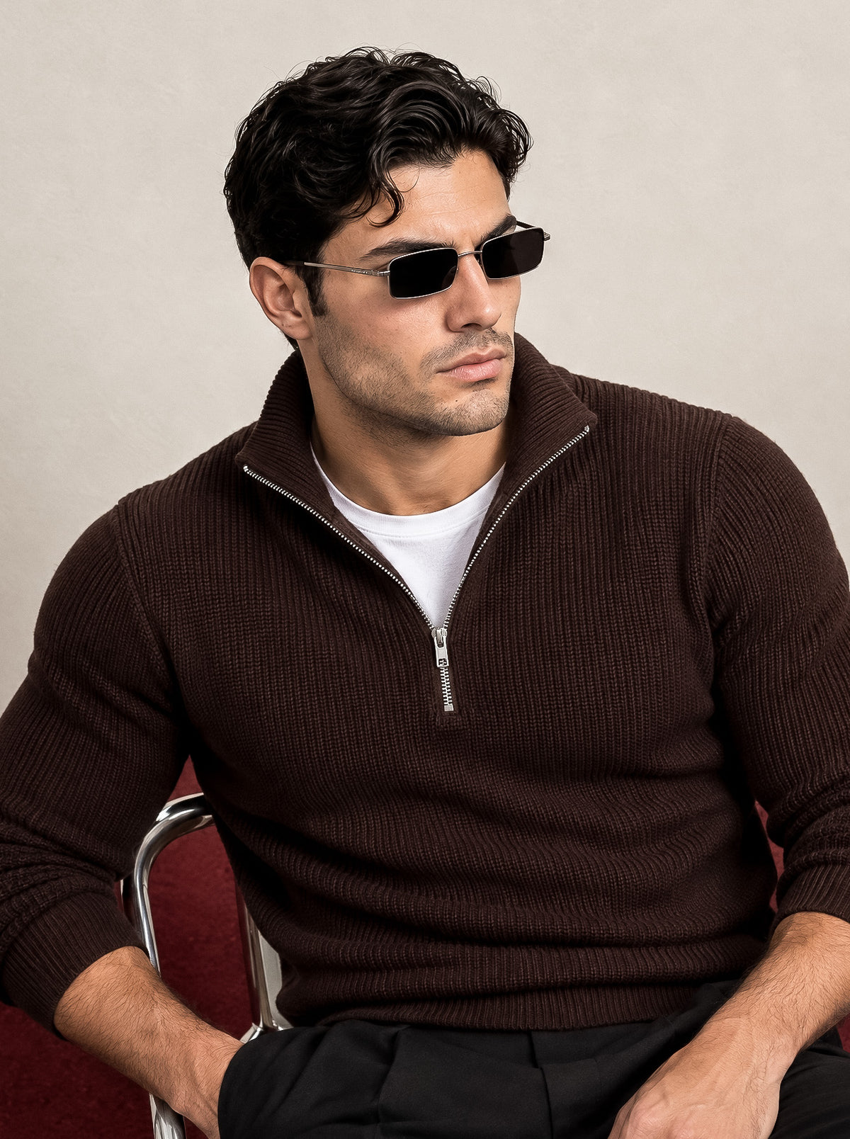 RIBBED KNIT ZIP COLLAR SWEATER | BROWN