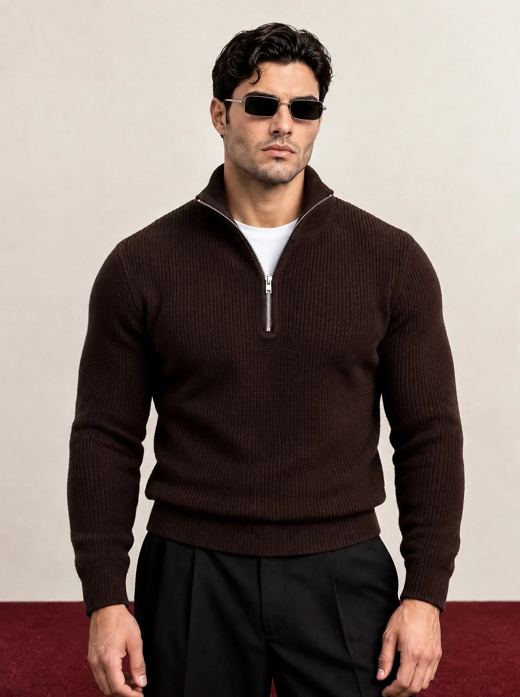 RIBBED KNIT ZIP COLLAR SWEATER | BROWN