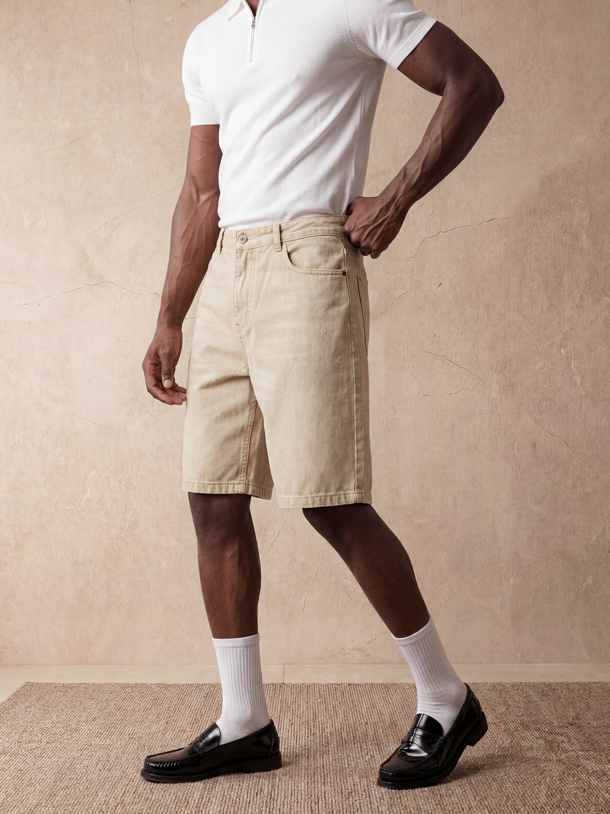 REGULAR FIT DENIM SHORTS | KHAKI
