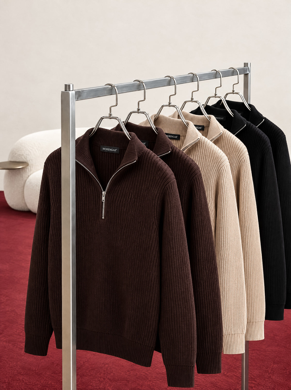 RIBBED KNIT ZIP COLLAR SWEATER | BROWN