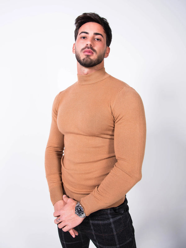 MORENGAR CLASSIC WOOL KNITTED JUMPER IN CAMEL WITH MEDIUM NECK