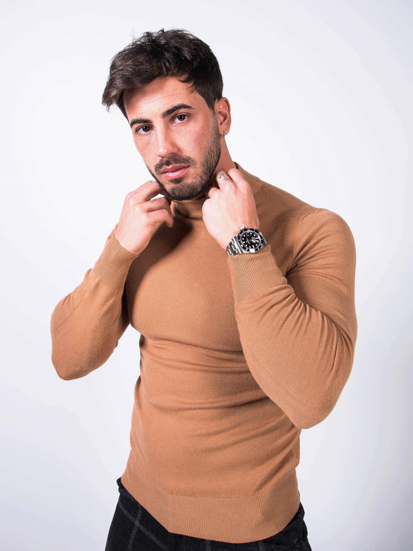 MORENGAR CLASSIC WOOL KNITTED JUMPER IN CAMEL WITH MEDIUM NECK